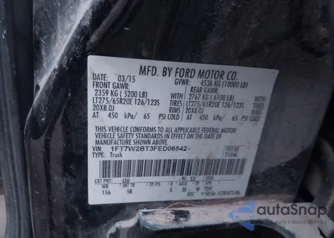 2015 Ford F-250 Lariat z USA, uszkodzony, nr VIN 1FT7W2BT3FED06542